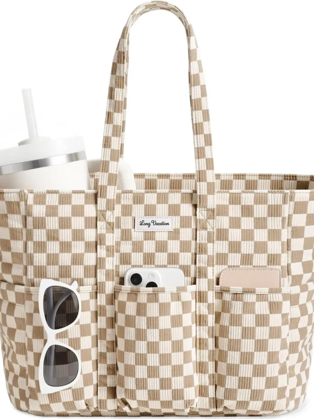 Corduroy Tote Bag for Women - Large Work Laptop Bag with 16 Pockets & 40oz Cup H